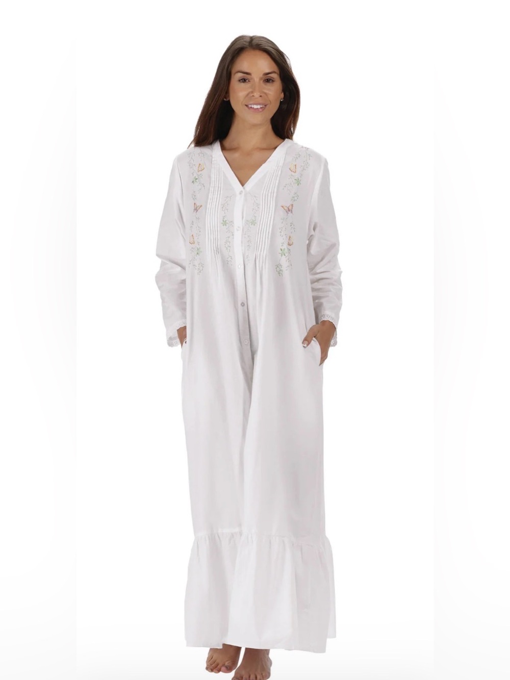 The 1 for U “Kate” 100% Cotton Women's Long Sleeved White Embroidered Nightgown
